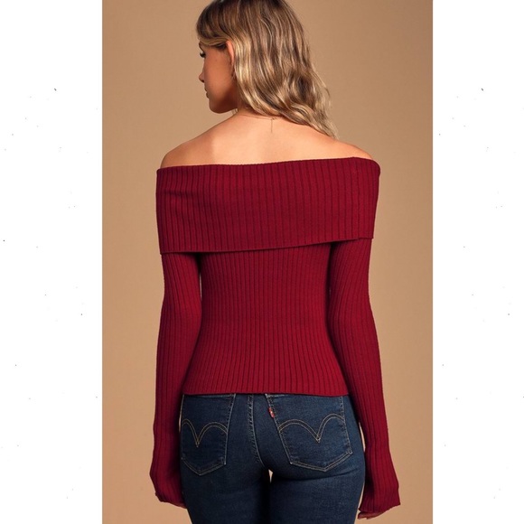 Lulus Perfect Timing Burgundy Ribbed Off-The-Shoulder Sweater Top Size Medium - Picture 3 of 6